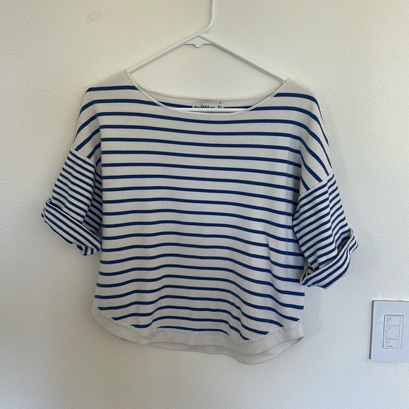 Zara Blue & White Striped Cotton Boat Neck Top | Nautical Preppy Style - Picture 1 of 5